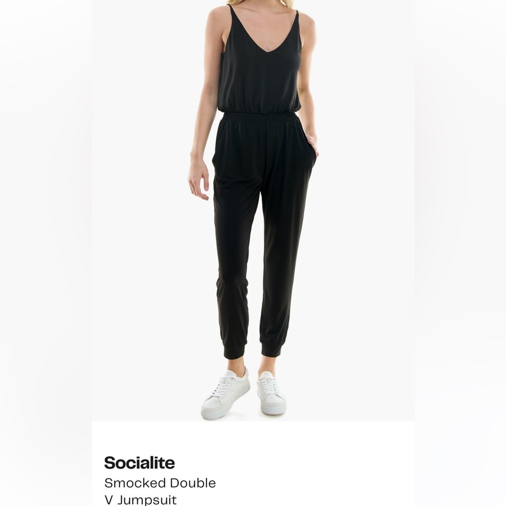 Socialite Black Smocked Double V Jumpsuit